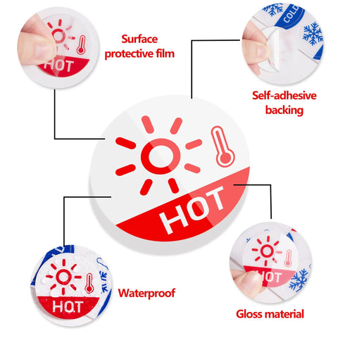 Image highlighting features of 6 Pack Hella Durable Hot And Cold Water Faucet Labels Self Adhesive Waterproof Sink Temperature Stickers.