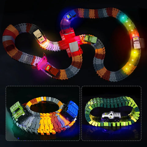 Glow In The Dark Track Cars 5 Pack With Three Flashing LED Lights Car Track Accessories on colorful tracks