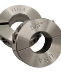 Straight Up Slick Two Piece Split Shaft Collars Made From Rock Solid 303 Stainless Steel Offering Badass Clamping Grip For Heavy Duty Shafts With A Precise 0.625 Inch Bore And Comes Dope With Matching Screws For Fast DIY Installations showing a close-up of stainless steel shaft collars with 5/8 inch bore.