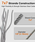 Heavy Duty 1/8 Inch Wire Cable Kit With 100 Feet Of Marine Grade 316 Steel Rope Loop Sleeve And Steel Thimble showing 7x7 strand core