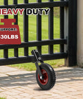 8 Inch Gate Wheel Heavy Duty Gate Caster For Farm And Metal Swing Gates Fits One And Three Eighths To Two Inch Gate Frames Prevents Gate Drag On Chain Link And Sliding Gates With 330 Lb Capacity And Durable Rubber Tire On Steel Plate With Galvanized, shown installed on a black metal gate.