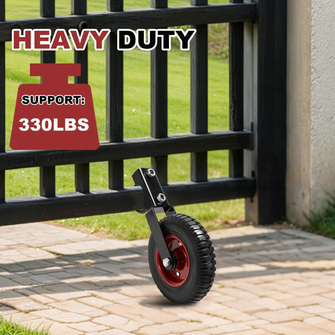 8 Inch Gate Wheel Heavy Duty Gate Caster For Farm And Metal Swing Gates Fits One And Three Eighths To Two Inch Gate Frames Prevents Gate Drag On Chain Link And Sliding Gates With 330 Lb Capacity And Durable Rubber Tire On Steel Plate With Galvanized, shown installed on a black metal gate.