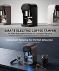 Robust 58 Mm Electric Coffee Tamper Providing Spot On Ten To Thirty Kilogram Pressure And Adjusted Timing Sequences For Bullseye Shots And Legit Barista Level Pulls At Home Or Shop In Bronze with three color options.