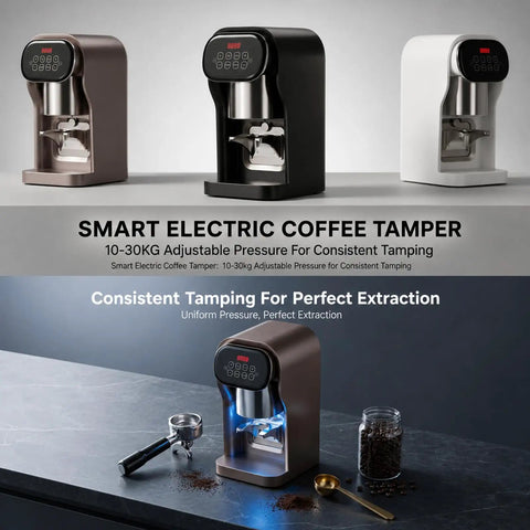 Robust 58 Mm Electric Coffee Tamper Providing Spot On Ten To Thirty Kilogram Pressure And Adjusted Timing Sequences For Bullseye Shots And Legit Barista Level Pulls At Home Or Shop In Bronze with three color options.