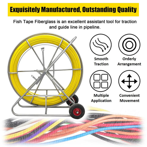 Heavy Duty Fiberglass Fish Tape Duct Rodder Workhorse Reel With Smart Brake And Dual Wheels, 820 Feet Long, yellow housing.