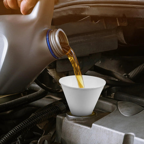 Disposable Engine Oil Funnels Set For Quick Oil Changes Paper Car Oil Change Funnels For Motor Oil Water Gas And Coolant Leak Proof Portable And Easy Pour For Clean Mess Free Maintenance, image of oil being poured through a paper funnel into an engine.