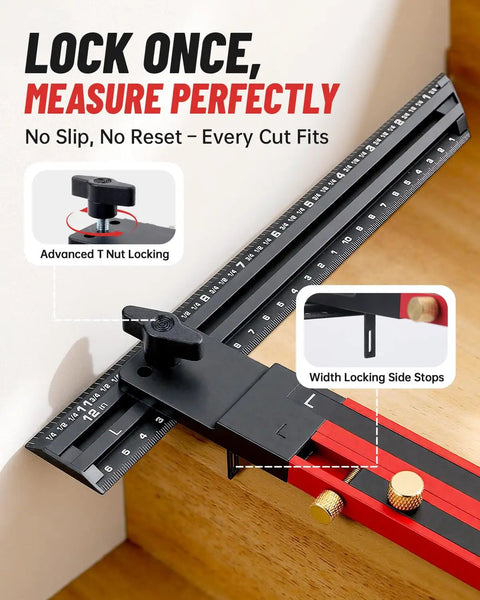 Essential Top Shelf Adjustable Stair Tread Template Tool for precise measurements with locking features and scale.