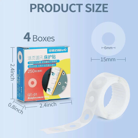 Clear Hole Reinforcement Stickers Pack 1000 Count 4 Boxes Of 250 Easy Peel Self Adhesive 0.6 Inch Tear Resistant shown in packaging.