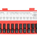 Three Eighths Inch Drive Universal Swivel Impact Socket Set Deep 6 Point Wobble Flexible Metric Ten To Nineteen Millimeter For Pros In The Shop Fits All Three Eighths Inch Ratchets And Pneumatic Tools Pro Grade Chromoly Steel red case with 10 deep metric swivel impact sockets, 10-19mm