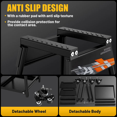 Beefed Up Heavy Duty Dirt Bike Stand With Wheels Universal Detachable Lift Panel Anti Slip Maintenance Stand features anti-slip design and detachable parts.