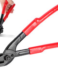 Heavy Duty 12 Inch Strapping Cutter With Wide Blade, Chrome Vanadium Steel banding shears cutting a steel strap.