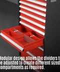 Open drawer of Beefy Heavy Duty Modular Drawer Cabinet With 11 Drawers, showcasing divider compartments for tool organization.