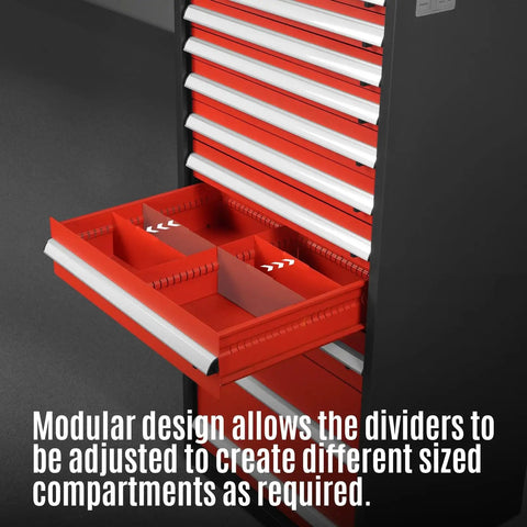 Open drawer of Beefy Heavy Duty Modular Drawer Cabinet With 11 Drawers, showcasing divider compartments for tool organization.