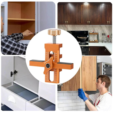 2 In 1 Cabinet Door Installation Jig With Adjustable Positioner, pro grade aluminum alloy mounting tool, precise scales, orange.