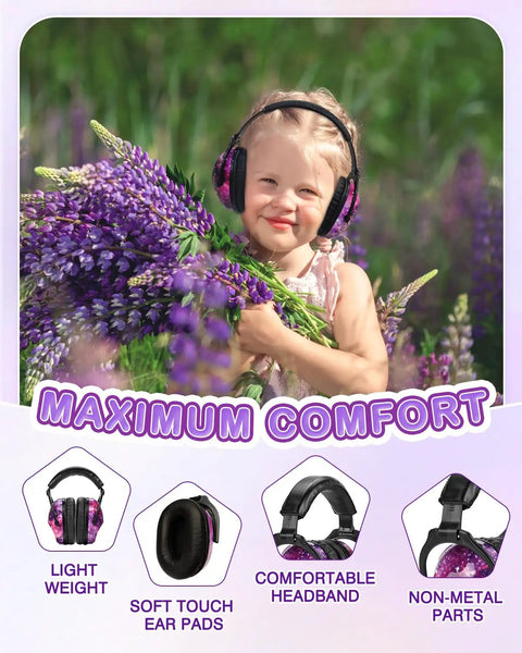 Child wearing Kids Noise Canceling Headphones Ear Protection for Autism Sensory Safe Hearing Protection with comfortable headband in lavender field