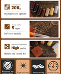 218 Yards Top Shelf Waxed Leather Thread With Heavy Duty Sewing Needles for DIY crafts, showing multiple color options and sewing needles.