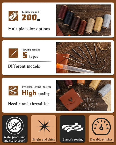 218 Yards Top Shelf Waxed Leather Thread With Heavy Duty Sewing Needles for DIY crafts, showing multiple color options and sewing needles.