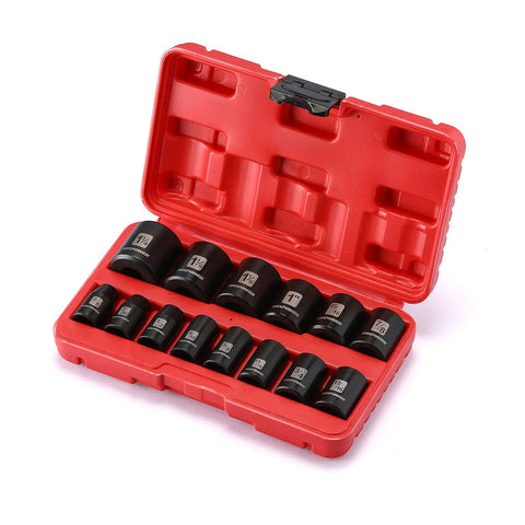 Fourteen Piece Half Inch Drive Shallow Impact Socket Set with Three Eighths to One and One Quarter Inch Six Point Sockets open case