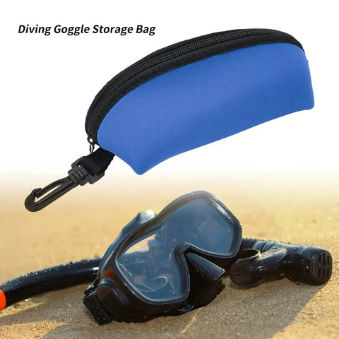 Neoprene Dive Mask Storage Case Pouch For Goggles And Sunglasses, blue shock resistant gear bag, shown with diving goggles on sand.