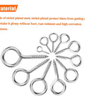 50 Pack Size 8 Screw Eyes Nickel Plated Steel Screw In Eye Hooks Silver arranged in a circular pattern showing rust resistant design.