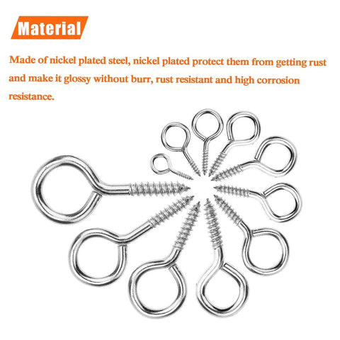 50 Pack Size 8 Screw Eyes Nickel Plated Steel Screw In Eye Hooks Silver arranged in a circular pattern showing rust resistant design.