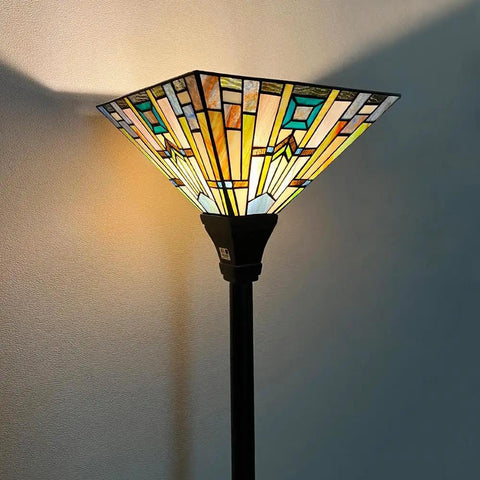 70 Inch Tiffany Torchiere Floor Lamp With Antique Mission Style Stained Glass Shade, warm amber cream glow, dark bronze base
