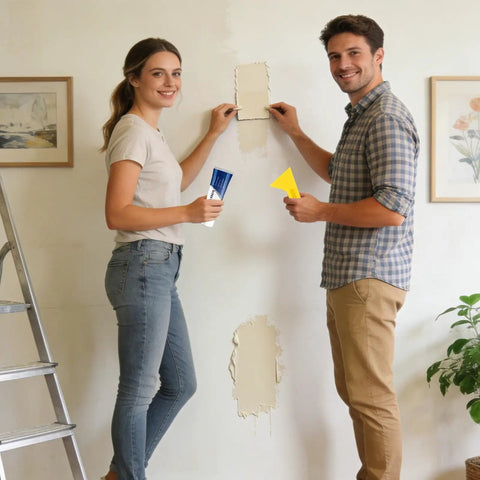 Two people using Drywall Repair Paste Wall Mending Putty With Scraper And Crack Filler Kit for wall repair in a room.