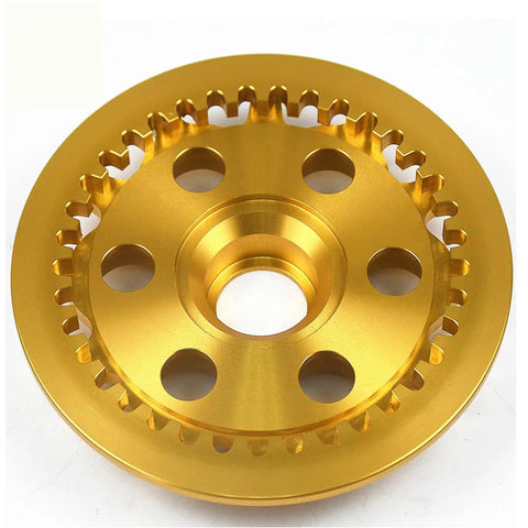 Bulletproof Black Dry Clutch Pressure Plate With Teeth Built Tough For Six Speed Ducati Engines Fits Monster MH900E Multistrada St Series Superbike Street Ready Replacement 19420011B 19420151A, gold aluminum design, 6-speed engagement.