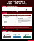 Instructional graphic on how to confirm product fit for vehicles, highlighting steps including entering license and model information.