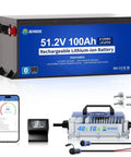 51.2V LiFePO4 battery with charger, LCD monitor, Bluetooth app, bolts, visible for 48V Golf Cart Lithium Battery 100Ah With 200A BMS Lifepo4.