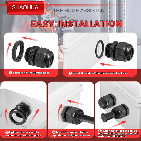 Installation steps for IP68 Waterproof Cable Gland Kit with 40 Pieces and Five NPT Sizes, showing assembly and usage instructions.