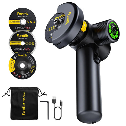 Cordless Angle Grinder With LED Display, Pro-Grade Brushless Power, Go-To DIY Cut Off Tool, 3 Speed Modes, Double Safety, Type C Fast Charging, 10000 RPM Mini Cutter Kit With 4 Blades shown with accessories.