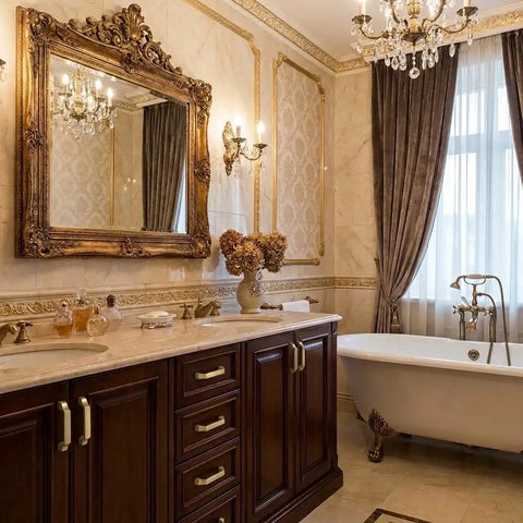 Luxurious bathroom with elegant decor, showcasing a vintage mirror, dark wooden cabinet, and deep soaking tub.