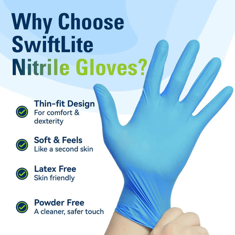 Blue Nitrile Food Prep Gloves Disposable Latex Free Ultra Thin Design Fits Snug And Moves Smooth Chef Kitchen Restaurant Supplies Soft Feel Heavy Duty Grip Comfort, hand in glove.