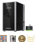 F2 Ultra 60W MOPA Fiber Laser Engraver for metal engraving and color marking with various engraved metal items.