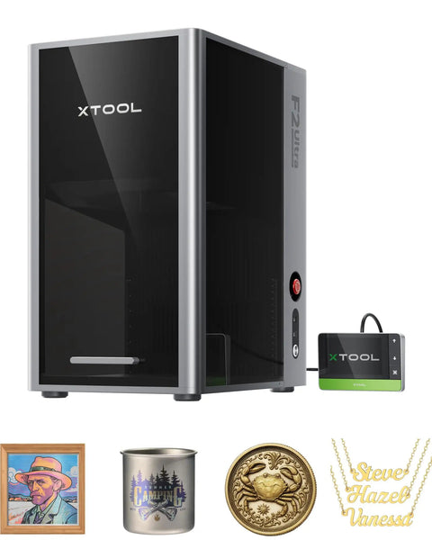 F2 Ultra 60W MOPA Fiber Laser Engraver for metal engraving and color marking with various engraved metal items.