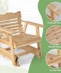 Outdoor Fir Wood Glider Chair With Hidden Rotatable Cup Holder And Curved Seat For Porch Patio And Backyard Natural Finish