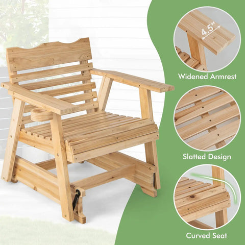 Outdoor Fir Wood Glider Chair With Hidden Rotatable Cup Holder And Curved Seat For Porch Patio And Backyard Natural Finish