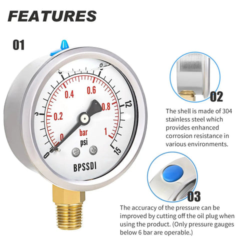 Glycerin Filled Low Pressure Gauge 2.5 Inch Dial 0-15 PSI 1/4 Inch NPT Lower Mount 304 Stainless Steel Case For Water Pipe HVAC Water Oil And Air Pressure Testing