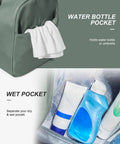 Travel Duffel With Shoes Compartment and Wet Pocket for Women and Men, showing water bottle and wet pockets with toiletries.