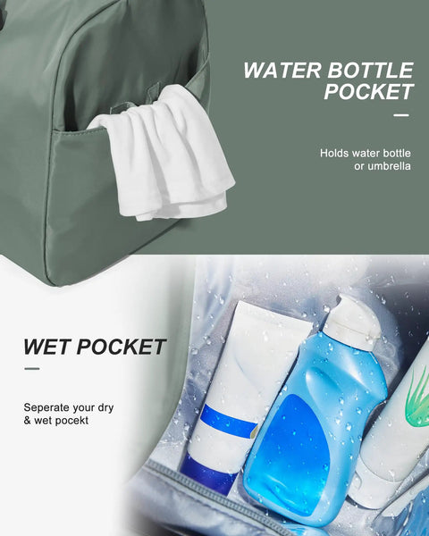 Travel Duffel With Shoes Compartment and Wet Pocket for Women and Men, showing water bottle and wet pockets with toiletries.
