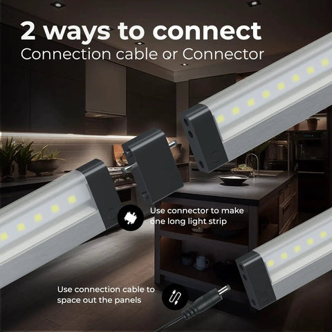 Hands Free Wave Activated Under Cabinet LED Lighting Kit 6 Pack 12 Inch Dimmable Touchless Dimming No Remote Needed Black Cool White 6000K display showing two connection methods in a modern kitchen