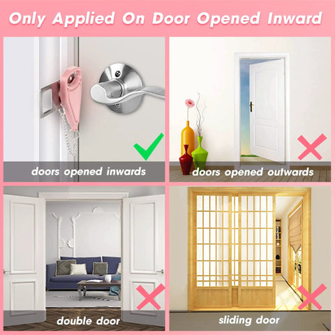 Pink Portable Door Locker For Travel And Home Security Easy To Use Door Lockdown in use on inward opening door with examples