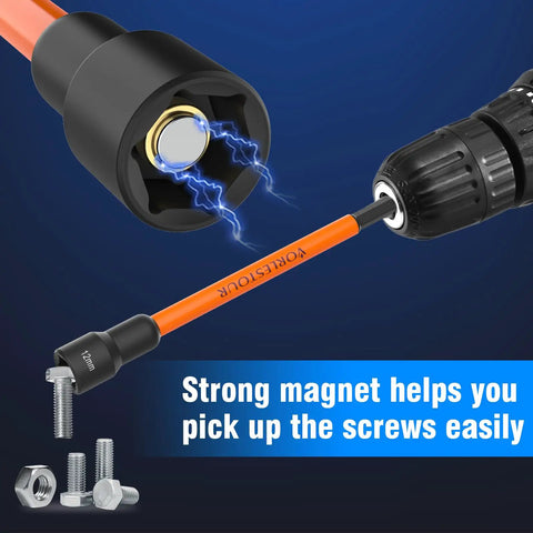 Magnetic Nut Driver Set For Impact Drill With Extra Long Six Inch Nut Drivers showing magnetic action attracting screws.