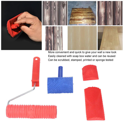 Total Game Changer Wood Roller Painting Tool Set Featuring Hella Slick Rubber Texture Pattern Rollers, showing various rollers and surfaces.