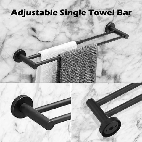 Eight Piece Adjustable Matte Black Bathroom Hardware Set With Telescopic Towel Rail From 15 To 27 Inches wall mounted towel bar