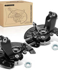 Two Pack Front Left And Right Steering Knuckle And Wheel Bearing Hub Assembly With Dust Shield For Ford Focus 2014 To 2018 Plug And Play Direct Fit Loaded Knuckle Replacement shown with packaging box