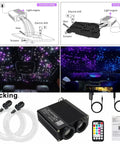 Dual Color 32W Fiber Optic Starlight Kit With 600 Fibers 0.03 Inch Diameter Each 9.8 Feet Long For Home And Car Roof Lit Headliner Decor Sound Activated App Bluetooth Remote Control RGBW Lights, installation diagram and components display.