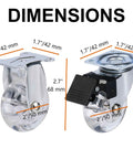 Clear 2 Inch PU Caster Wheels Set Of 4 For Furniture, Heavy Duty Steel Plate, 2 Fixed 2 Brake, Transparent Wheels, Smooth Roll, Supports Up To 400 Lbs Per Set showing dimensions in mm and inches