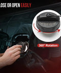 Gas Cap With Two Tether Ropes For Jeep Dodge Chrysler Ram Fiat Plymouth Mitsubishi in use, showing 360-degree rotation feature